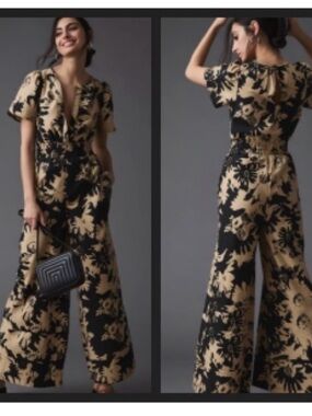 Anthropologie Black & Beige Floral Wide-Leg Jumpsuit